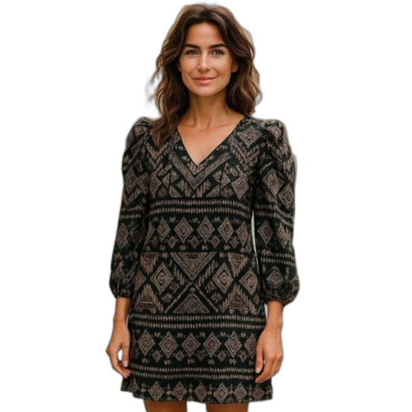 Vince Camuto Sheer Sleeve Geo Print Split Tie Neck Midi Dress Black Tan Sz 12 - Picture 1 of 9